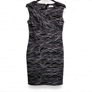 CALVIN KLEIN Black & White Abstract Swirl Leaf Wave Knit Sleeveless Dress 12